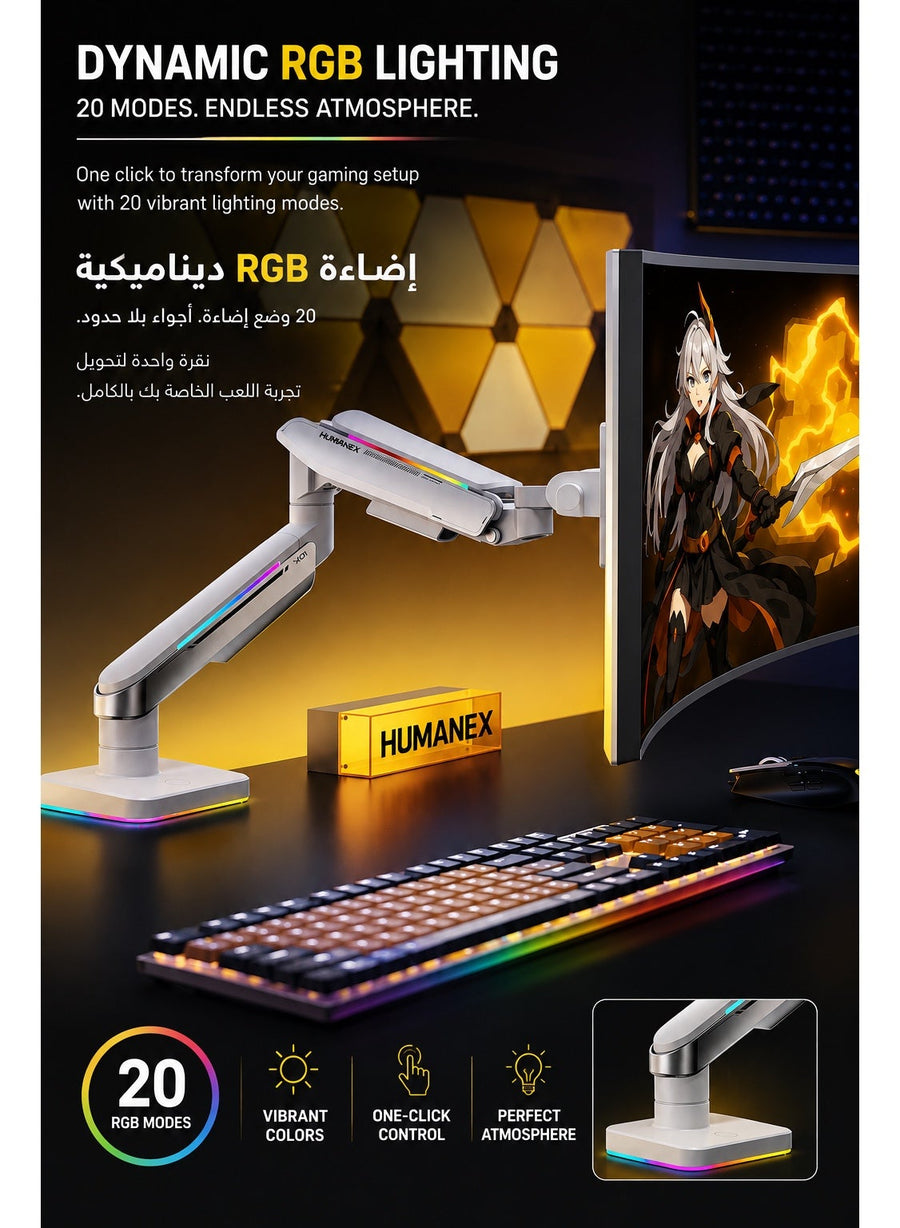 Gaming Monitor Arm & Single Monitor Stand, Heavy Duty RGB Desk Mount for 17–35″ Screens, Supports up to 18 kg, Full-Motion Tilt, Swivel & 360° Screen Rotation, Brilliance Angel Design with 20 RGB Lighting Modes, VESA 75×75 / 100×100