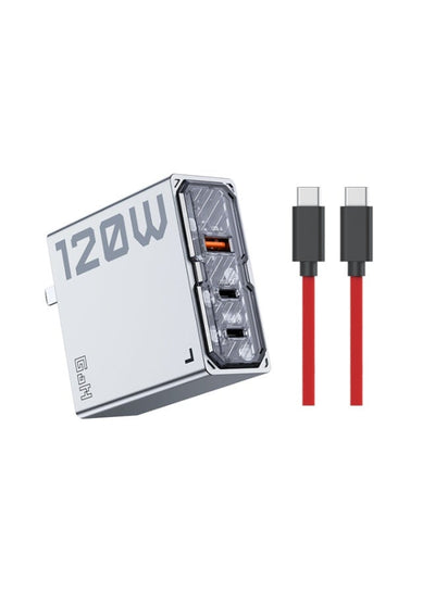 RedMagic 120W Triple-Port GaN Fast Charger with Transparent Tech Design, NeoCharger 3.0 Smart Power Allocation, Compact Foldable Plug, USB-C & USB Multi-Port Charging for Astra, Nova, iPad, Tablets, iPhone, MacBook, Laptops & Gaming Devices – Includes 6A