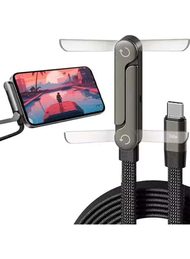 Basemo Phone Stand and Charger – 240W Ultra Fast Charging Type-C to Type-C Cable with Integrated Phone Stand, 2-in-1 Sideways Charger Braided PD Cable for iPhone, Redmagic, Samsung, Android, Tablets, Laptops & USB-C Devices