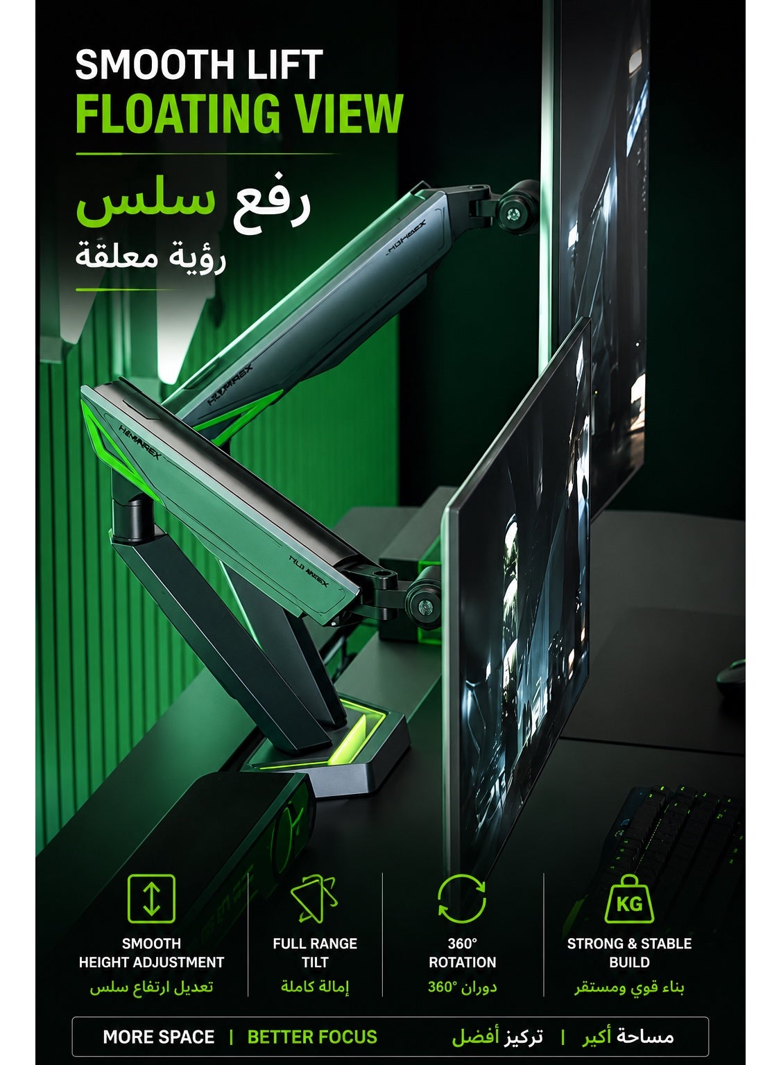 Dual Monitor Stand & Arm Bracket Holder, Heavy Duty RGB Desk Mount for Two 17–38″ Monitors, Supports up to 16kg Each, Full-Motion Tilt, Swivel & 360° Rotation, Infinity Mirror with 20 RGB Lighting Modes, VESA 75×75 / 100×100, Built-In Cable Management