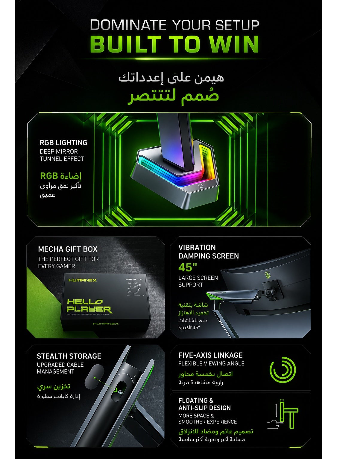 Gaming Monitor Arm & Single Monitor Stand, Heavy Duty RGB Desk Mount for 17–45″ Screens, Supports up to 16 kg, Full-Motion Tilt, Swivel & 360° Screen Rotation, Infinity Mirror with 20 RGB Lighting Modes, VESA 75×75 / 100×100, Built-In Cable Management