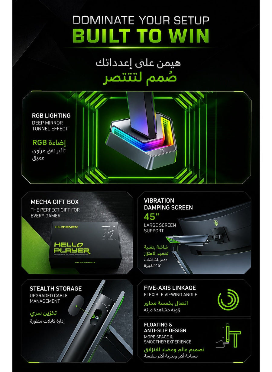 Gaming Monitor Arm & Single Monitor Stand, Heavy Duty RGB Desk Mount for 17–45″ Screens, Supports up to 16 kg, Full-Motion Tilt, Swivel & 360° Screen Rotation, Infinity Mirror with 20 RGB Lighting Modes, VESA 75×75 / 100×100, Built-In Cable Management