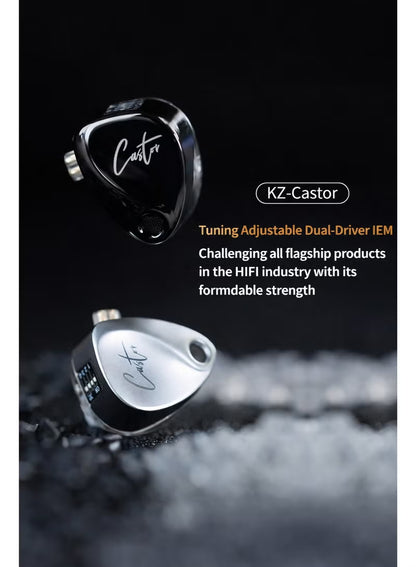 سماعات Z Castor Harman IEM بنسخة الهدف – سماعات في الأذن مع محركات ديناميكية مزدوجة (10mm + 8mm)، صوت قابل للضبط مع 4 مفاتيح ضبط (16 ملف صوتي)، عزل الضوضاء، 3.5mm، 2-Pin بـ 0.75mm، فضي مع ميكروفون