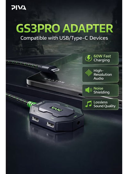 PIVA GS3 Pro 4-in-1 USB-C Audio and Charging Dongle USB Hub Adapter, High Resolution, 60W Fast Charging for Gaming and Live Streaming, for RedMagic, iPad, iPhone 15/16/17 Series, Android and Tablets (Perfect for PUBG Mobile and COD)