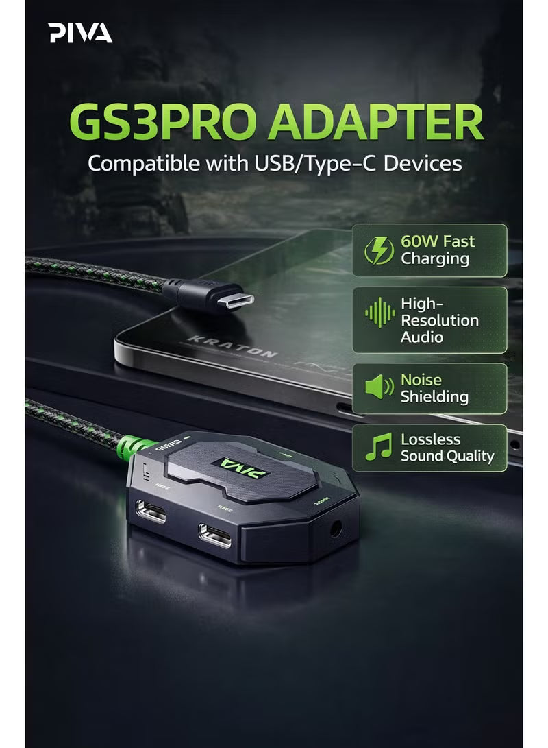 PIVA GS3 Pro 4-in-1 USB-C Audio and Charging Dongle USB Hub Adapter, High Resolution, 60W Fast Charging for Gaming and Live Streaming, for RedMagic, iPad, iPhone 15/16/17 Series, Android and Tablets (Perfect for PUBG Mobile and COD)
