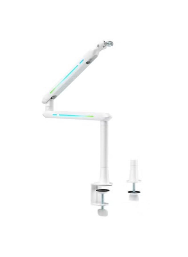 Mic Stand 3 in 1, Convertible Low Profile Arm and Holder for Studio, Streaming, Gaming, Podcasting and Recording by HUMANEX, RGB 3-Section Boom Arm Compatible with FIFINE Mics, RØDE NT1, HyperX QuadCast and Shure SM7B, Clamp and Grommet Mount, White