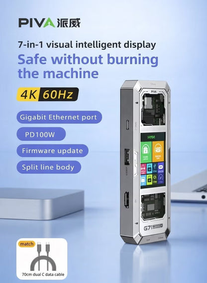 محطة رصيف ذكية PIVA G71 USB-C متعددة الوظائف 7 في 1 مع شاشة عرض مدمجة، HDMI 4K، شحن سريع PD 100W، محول شبكة جيجابت، USB 3.0 والصوت – متوافقة مع RedMagic وiPad وiPhone وSamsung والحواسيب المحمولة وأجهزة الكمبيوتر