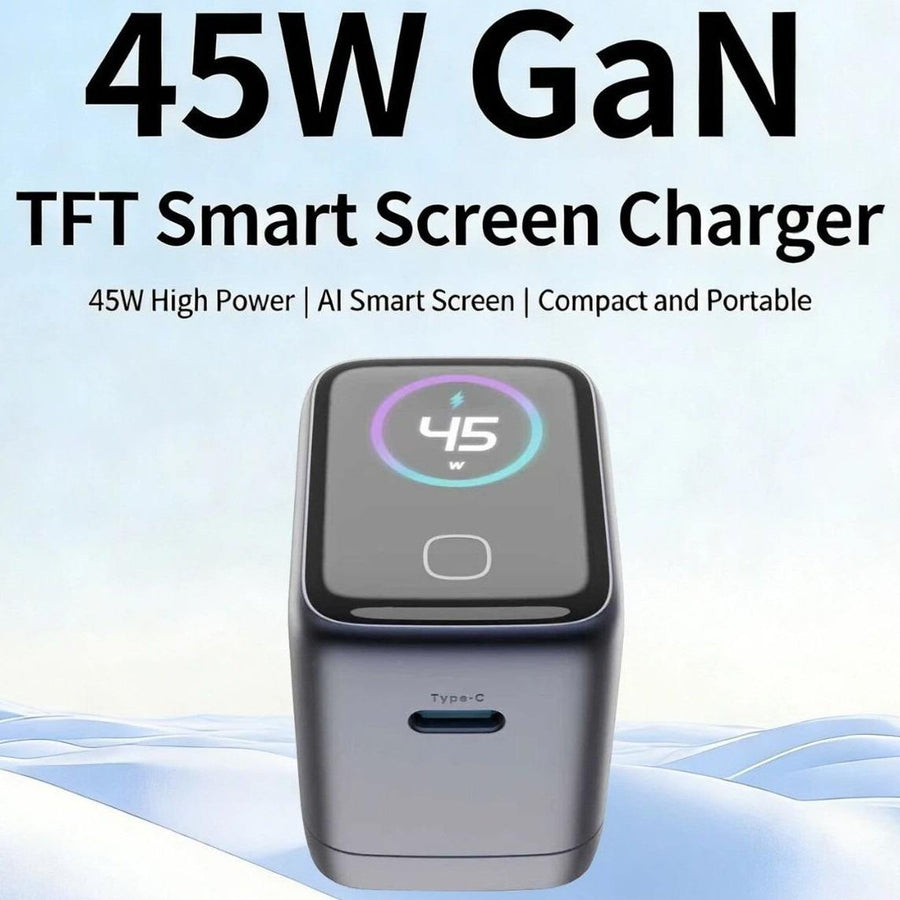 FONENG UK34 45W GaN USB-C Fast Charger with TFT Smart Screen – Live Wattage Display, Single USB-C Power Delivery, Compact UK Plug for iPhone, iPad, Android, Tablets & Laptops – Black