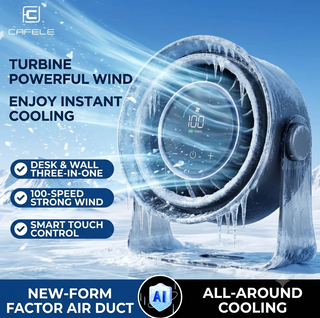 CAFELE Turbine Desktop Fan — 100-Speed Bladeless Circulation Cooler with LED Smart Touch Display, AI Temperature Control, Desk & Wall 3-in-1, Ice Mist Black